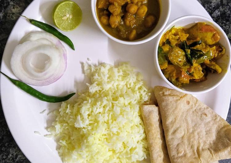 How to Make Any-night-of-the-week Veg lunch thali with rice, chhole, mushroom masala and chapati