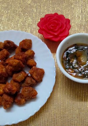 A picture of Mushroom pops with honey garlic dip.