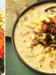 A picture of Fullblood Wagyu Chorizo, Bacon, and Roasted Corn Chowder.