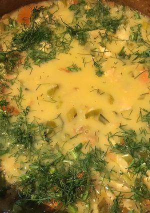 A picture of California Farm Chicken Soup with Egg Lemon Sauce.