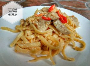Foto resep 1. 💙 Fettucine carbonara topping baso