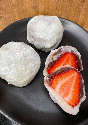 A picture of Strawberry daifuku (strawberry mochi).
