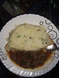 A picture of Mashed potatoes and beef stew.
