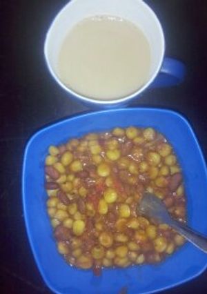 A picture of Githeri with Milk tea.