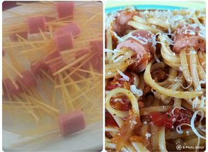 Una foto de Divertidos fideos con salchichas! Con salsa riquísima