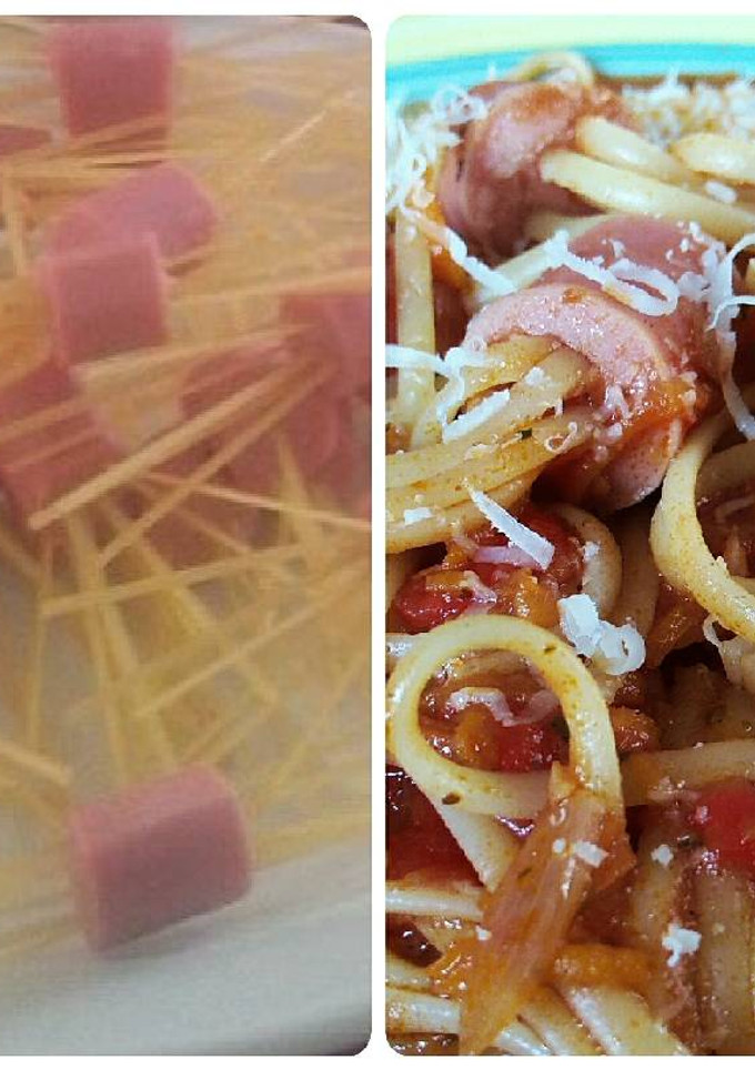 Una foto de Divertidos fideos con salchichas! Con salsa riquísima
