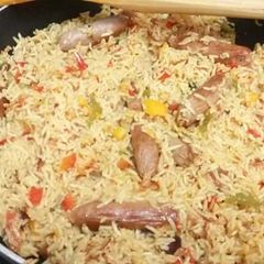 A picture of Fried rice cooked with beef chipolatas#Ricecontest.
