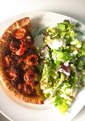 A picture of Leek, Cherry Tomato, and Bacon Quiche.