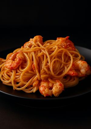 Una foto de Spaghetti con gambón al ajillo
