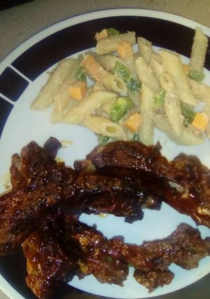 A picture of 5 hour marinated ribs with a lazy salad.
