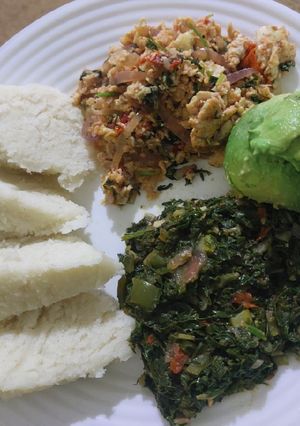 A picture of Ugali, Eggs and Greens.