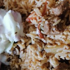 A picture of Vegetable Biryani With Soya Chunk.