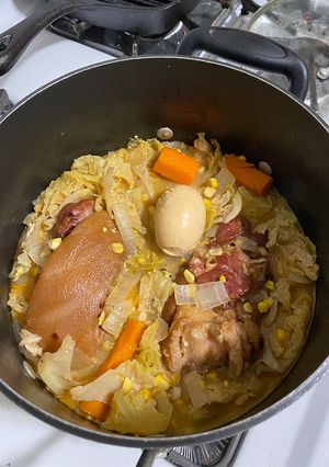 A picture of Braised Ham Hock and Vegetables.