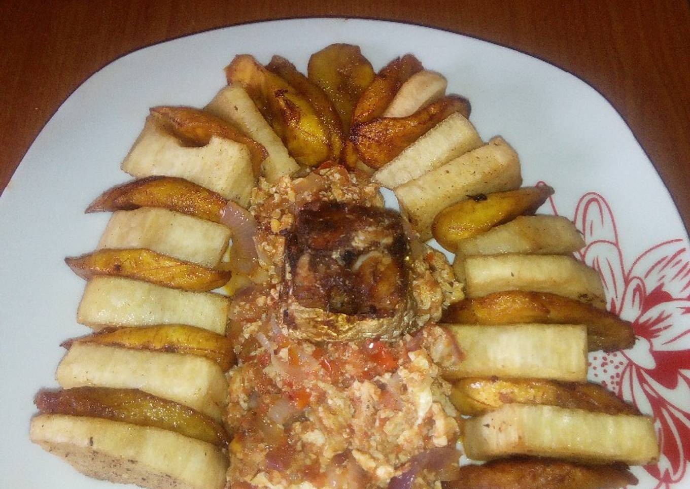 Fried Yam/Ripe plantain,egg sauce and fried mackerel fish