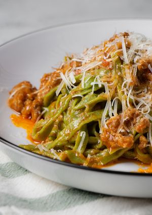 A picture of Bell Pepper Pasta with Ground Pork.