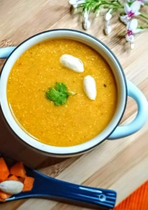 A picture of Carrot Pumpkin and Almond Soup.