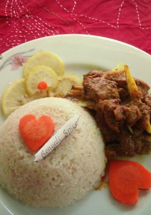 A picture of Bangladeshi Beef Coconut and Coconut Milk Pulao Thali Recipe 🍛.