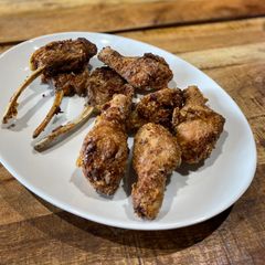 A picture of 10 mins preparation! Chicken and lamb chop Karaage in an air fryer.