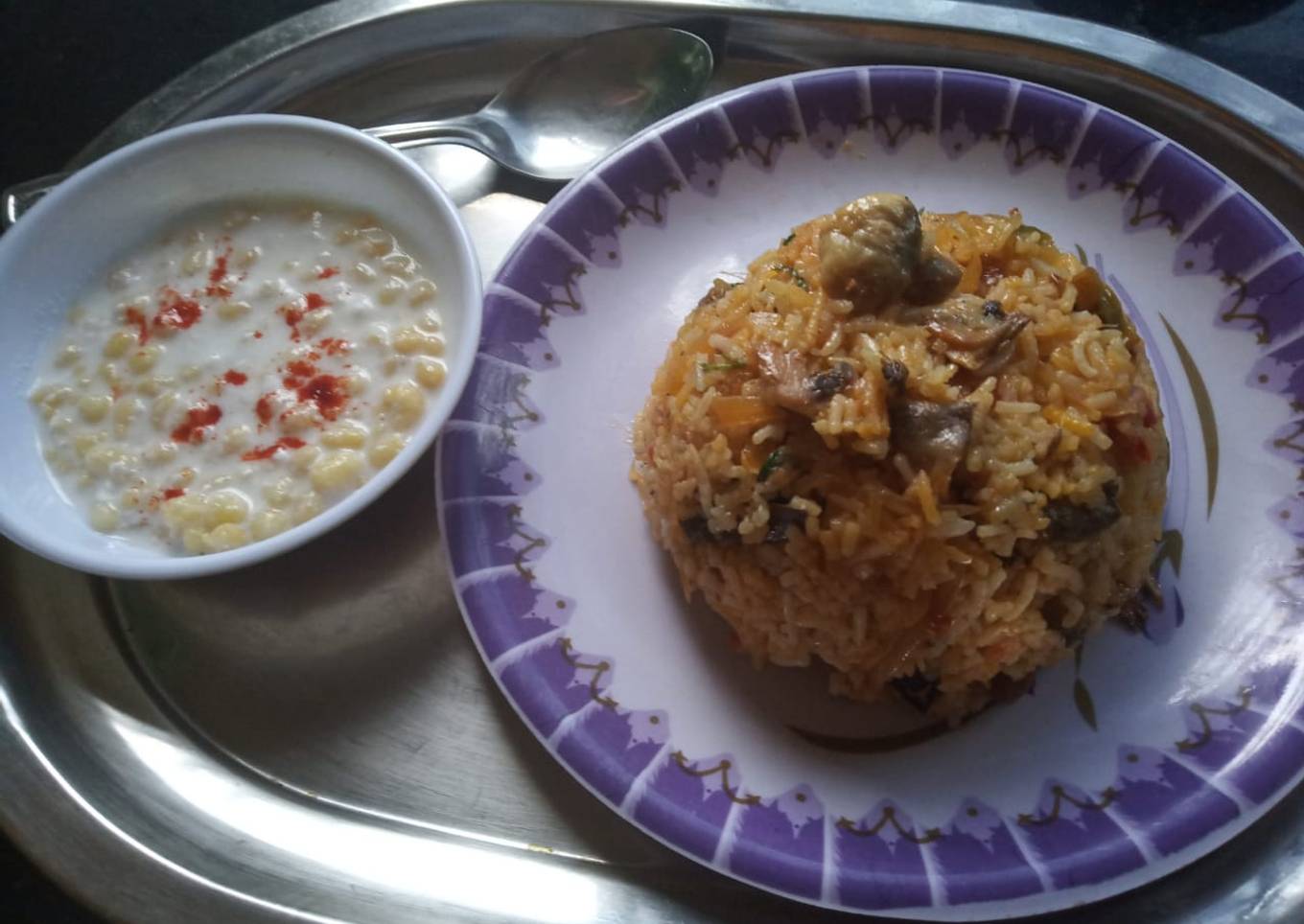 Mushroom Biryani with Boondi Raita