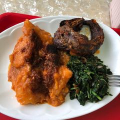Yam Porridge and vegetable with smoked mackerel A picture of Yam Porridge and vegetable with smoked mackerel.