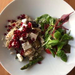 A picture of Asparagus, aubergine, feta and pomegranate rice 🥗.