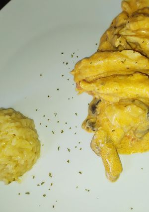 Una foto de Strogonoff de pollo y arroz pilaw