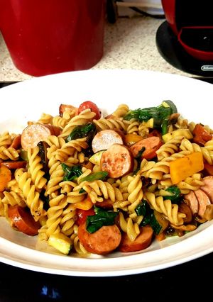 A picture of My Smoked Sausage & peppercorn Sauce Pasta. 💛.