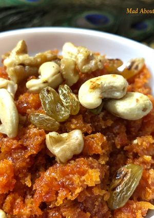 A picture of Gajar Ka Halwa (Indian Carrot Pudding) – Quick Winter Dessert - Microwave Method.