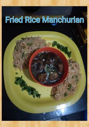 A picture of Veg manchurian and fried rice.
