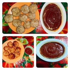 A picture of Chicken Momos & Fried Momos and Spicy Chilli Sauce.