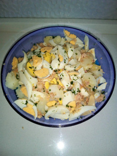 A picture of Potato, Tuna, Mozzarella, and Egg Salad.