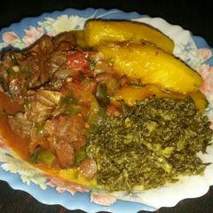 A picture of Matooke, Greens n Stewed 'Smoked Beef' #MyFavEasterDishContest.
