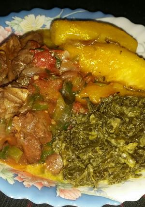 A picture of Matooke, Greens n Stewed 'Smoked Beef' #MyFavEasterDishContest.