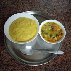 A picture of Creamymashed bananas and mixed chill spiced veg soup#mashers.