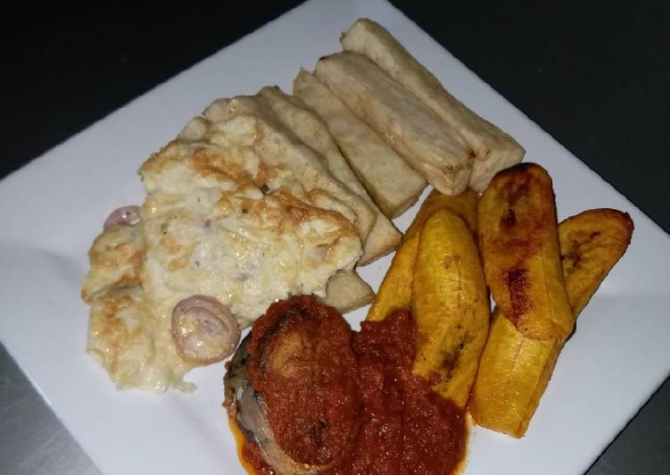 Fried Yam, Dodo, Omelet and Fish Stew