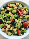 Farro Salad with Chickpeas, Olives, and Walnut Basil Pesto