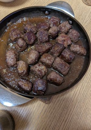 A picture of Juicy Diced Steak with Ground Meat.