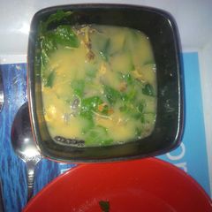 A picture of Dry fish pepper soup with garden egg leaves.