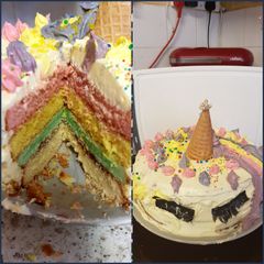 A picture of My Granddaughter and me made a Unicorn Cake 😉.