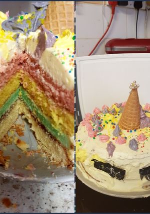A picture of My Granddaughter and me made a Unicorn Cake 😉.