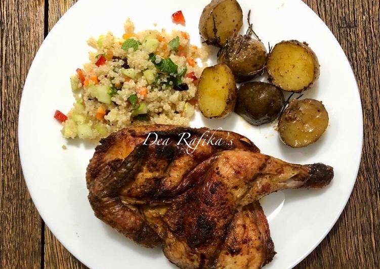 Cara Termudah Membuat Roasted Chicken with Rosemary Potatoes and Quinoa Salad Enak