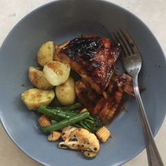 A picture of Sticky hoisin roast chicken with flash fried vegetables.