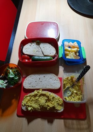 A picture of Lunchbox: homemade chicken curry salad.