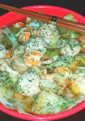 A picture of Mike's Asian Chicken Dumpling Soup With Shrimp.
