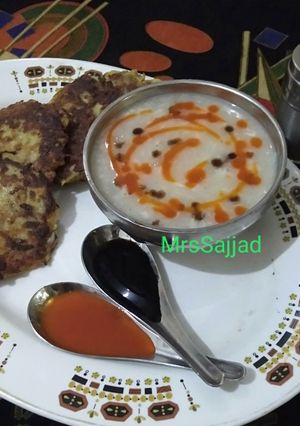 A picture of Corn Soup with Potato Fritters.