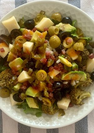 A picture of Summer salad with broccoli and jamón serrano.