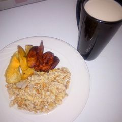 A picture of Sweet potatoes, plantain and scramble eggs.