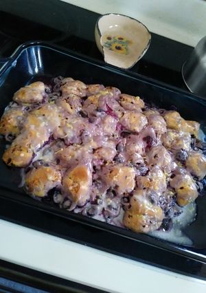 A picture of Blueberry Lemon Cinnamon Roll Breakfast Bake.