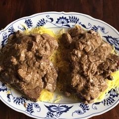 A picture of California Farm Venison on Spaghetti Squash.
