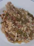 Risotto con trigueros, jamón y carne picada
